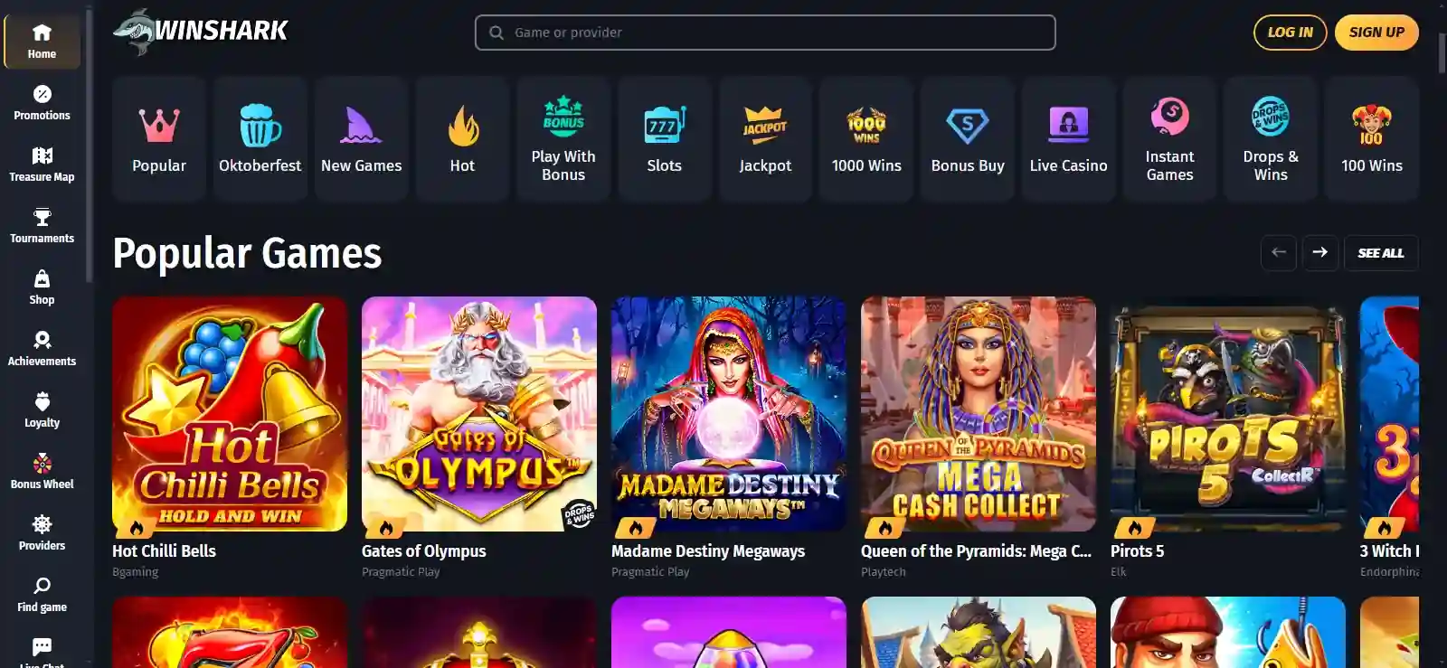 Winshark homepage with casino navigation and game categories