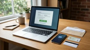 Laptop beside a phone, payment card and identity documents arranged for an account check
