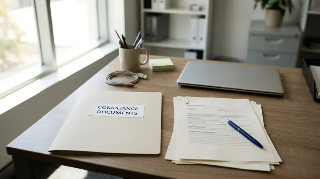 A folder, document sheets, pen and laptop laid out on an office desk