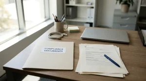 A folder, document sheets, pen and laptop laid out on an office desk