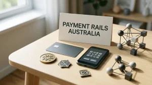 A payment card, digital wallet and cryptocurrency symbols arranged beside a laptop on a desk