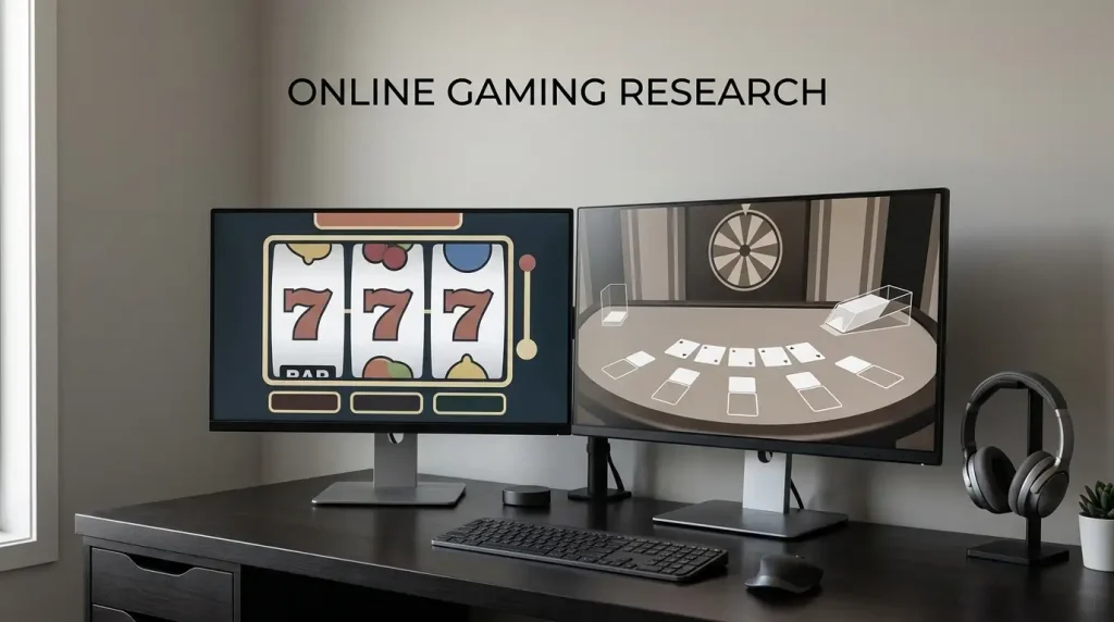 Slot reels displayed on one screen beside an empty live-table setup on another