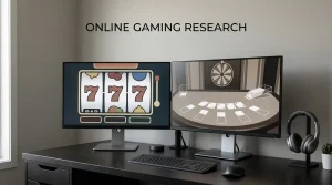 Slot reels displayed on one screen beside an empty live-table setup on another