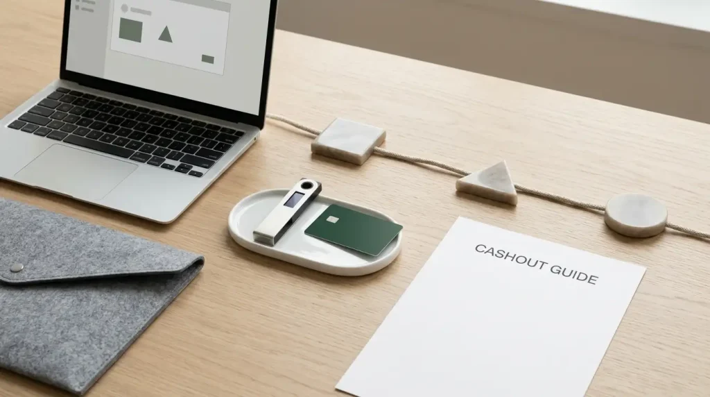 A laptop beside a digital wallet and document folder, with progress cards laid across the desk