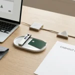 A laptop beside a digital wallet and document folder, with progress cards laid across the desk